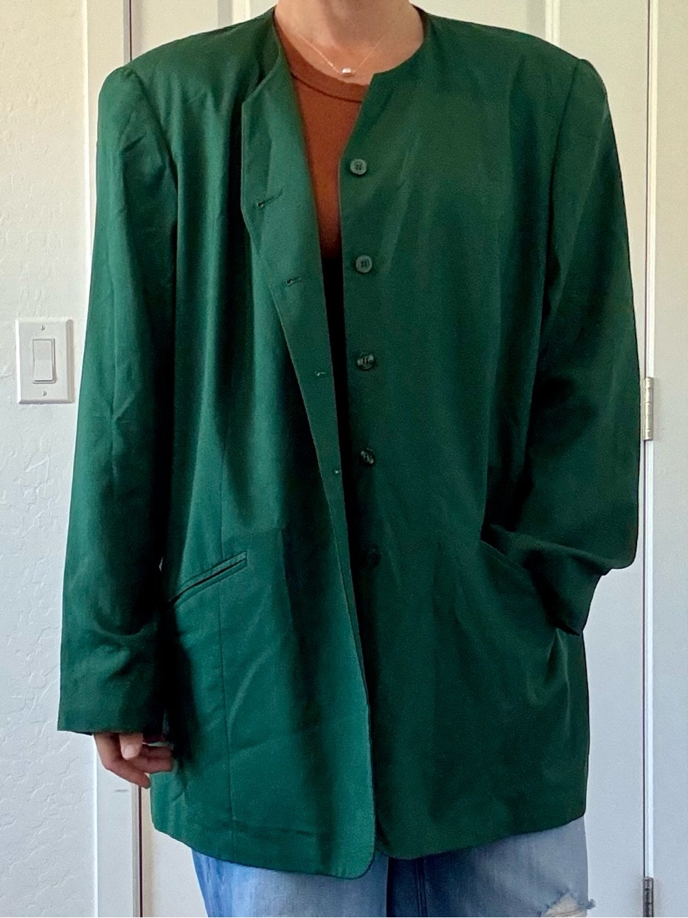 Vintage 90s Elisabeth Liz Claiborne 100% Silk Collarless Blazer Jacket Green